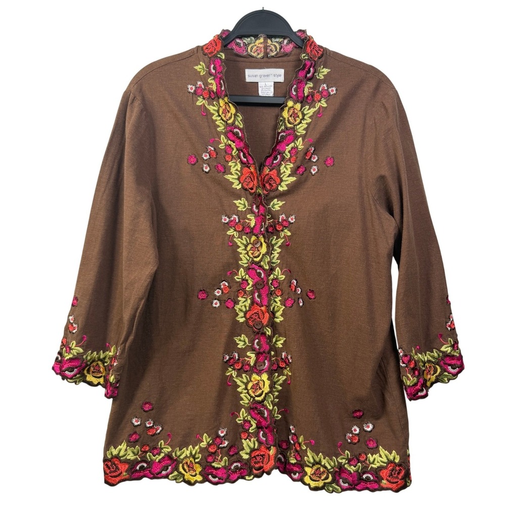 Susan Graver Boho Embroidered Floral Jacket Tunic Blouse Brown Art To‎ Wear